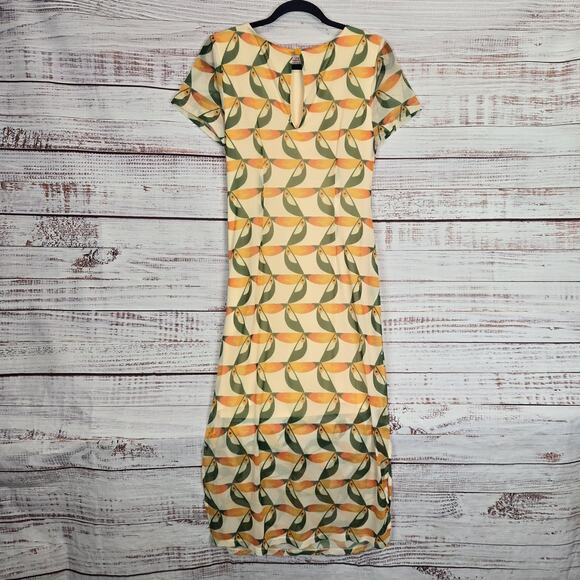 Farm Rio Mesh Midi Dress S Yellow Green Orange Sun Print Pockets Ruch Slits Line - Picture 4 of 16